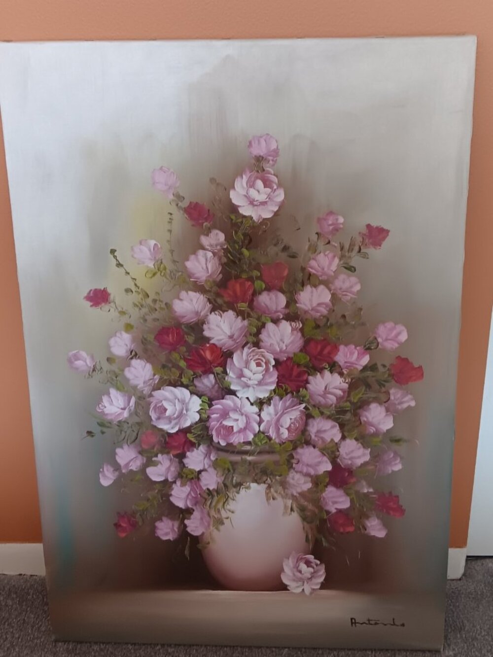 Vintage Painting - Pink & Red Roses in a White Vase - Oil on Canvas signed